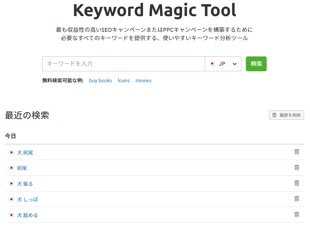 Keyword Magic Tool 検索履歴